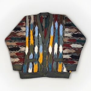 Coogi 3D Knit Wool Sweater Multicolor Size XL Button Cardigan Vintage 90s